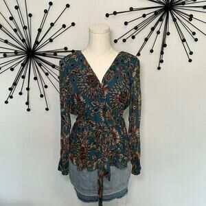Enfocus Studio teal floral wrap blouse tie waist boho long sleeve top